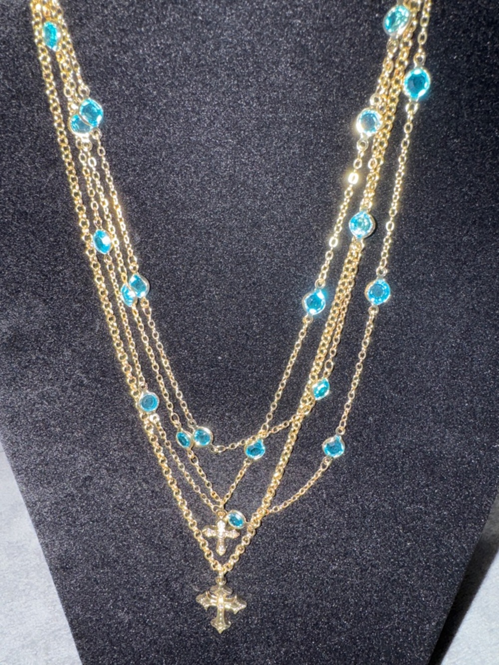 Gold Layered Cross Necklace with Turquoise Crystal Gems NIB - Picture 3 of 9